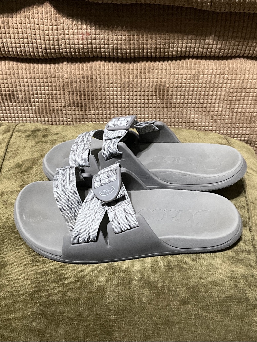 Chaco Women’s Light Gray Slide Sandals with Patterned Straps